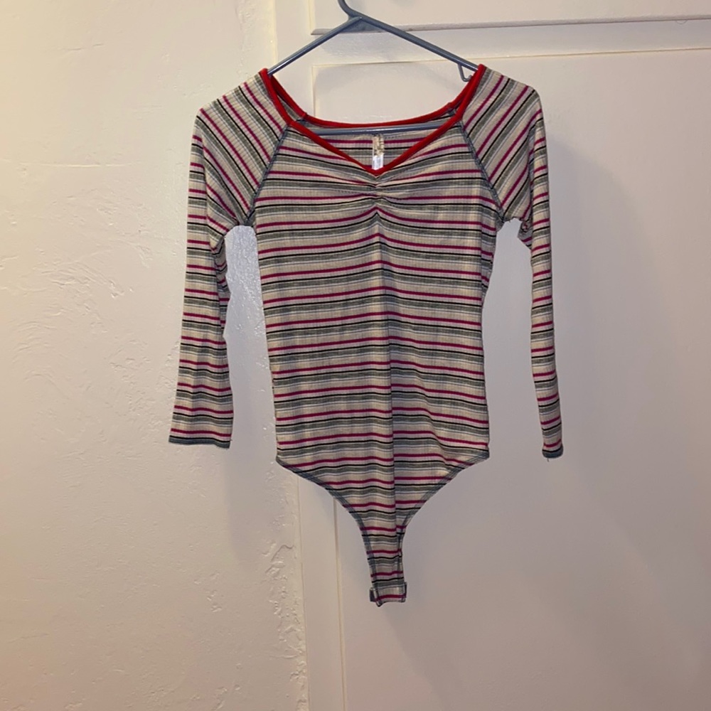 Free People Striped Ribbed Off Shoulder Bodysuit